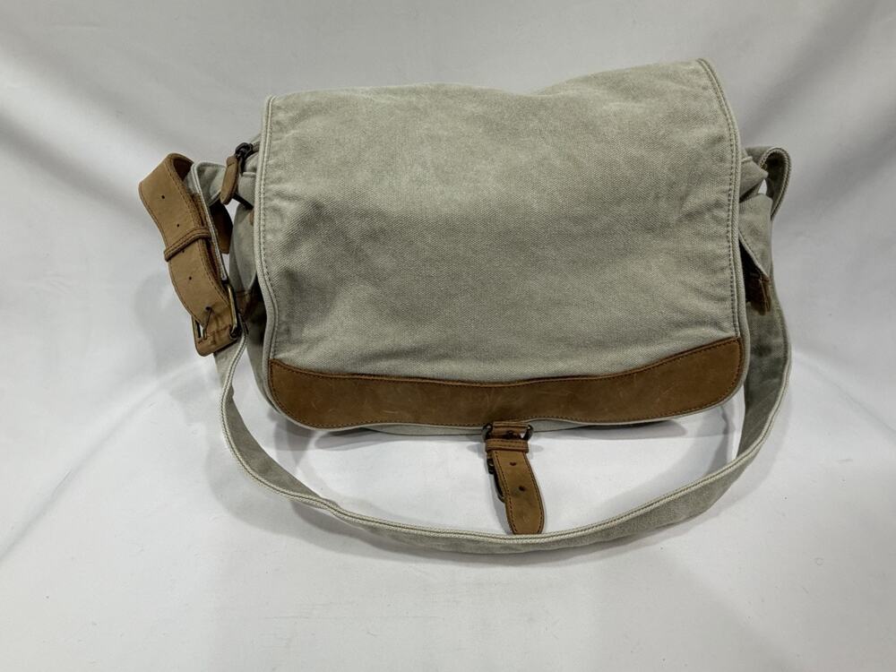 90s LL Bean Canvas Leather Trim Tan Khaki Buckle Medium Messenger Crossbody Bag